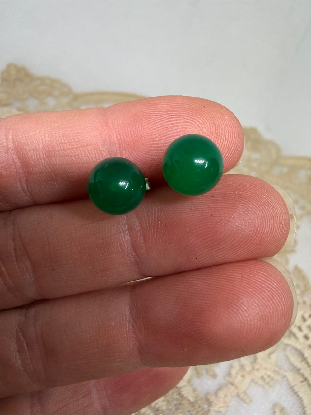 Estate Green Agate 8mm Stud Earrings on Sterling Silver Posts Good Fortune